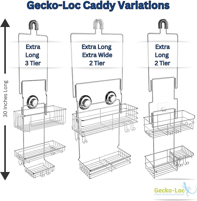 Gecko-Loc Extra Long Adjustable Length over the showerhead hanging shower caddy - bathroom caddies - for Shampoo, Soap, & Razors - Silver - Image 5