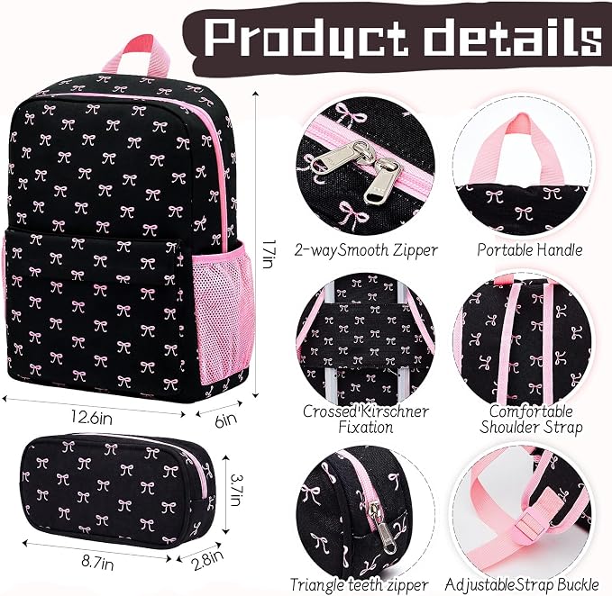 Redbaker 6 Pcs Kids Luggage Set, 17 Inch Rolling Suitcase with Backpack Lunch Bag Neck Pillow, Pink and Black Bow Travel Set for Summer Vacation Sleepover Back to School Gift - Image 4