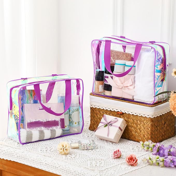 Sweetude 10 Pcs Large Clear Toiletry Bag with Handle Large Capacity Travel Iridescent Beach Makeup Bag PVC Clear Plastic Tote Punch Cosmetic Clothes Storage Organizer for Women Men (Purple) - Image 2