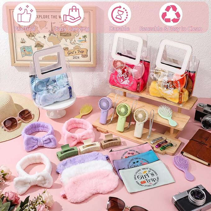 Lewtemi 48 Pcs Girls Trip Gifts Favors for Women Girls Weekend Getaway, Bulk Travel Accessories Set with Clear Gift Bag, Mini Handheld Fan, Makeup Pouches, Sleep Masks, Headbands, Hair Brushes & Clips - Image 3