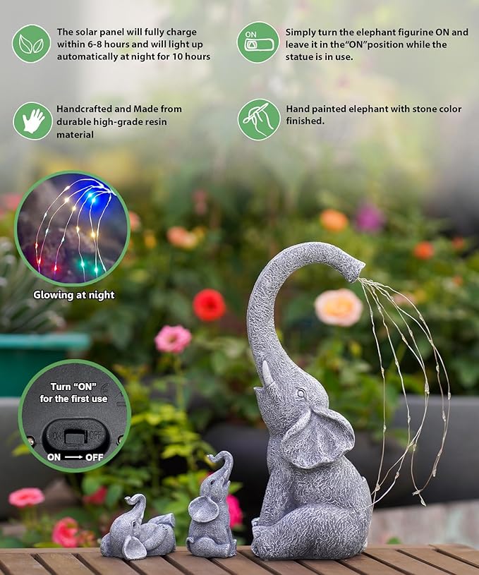 Qeeman Solar Elephant Statue Family Set 3Pcs: IP44 Weatherproof Outdoor Tricolour LED Lights Decor - Paths Patio Backyard Garden Sculpture Ornament for Mom Grandma Women