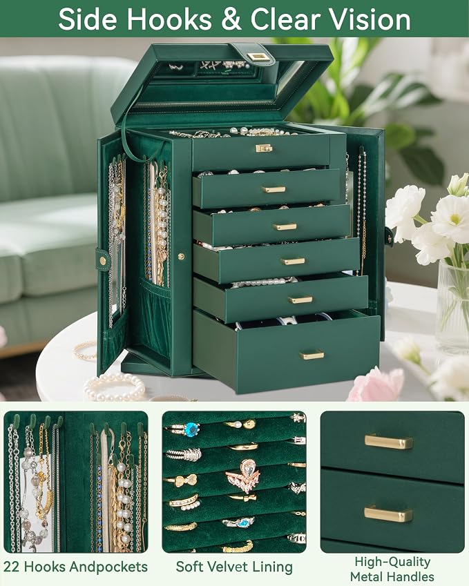 AKOZLIN 6-Tier Jewelry Box Organizer Functional 5 Drawers Leather Jewelry Storage Case for Women Girls Ring Necklace Earring Bracelet Holder Organizer with Mirror XL Green 360° Rotating - Image 7