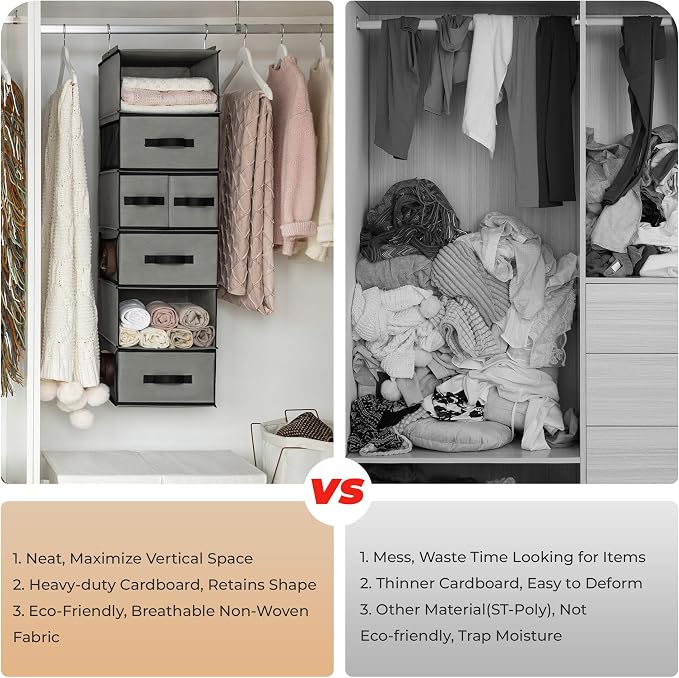 GRANNY SAYS Hanging Closet Organizer 6 Shelves, Closet Organizers and Storage with 5 Drawers, 6 Side Pockets Closet Hanging Organizer, Hanging Storage Organizer for Closet, Baby Clothes, Gray - Image 9