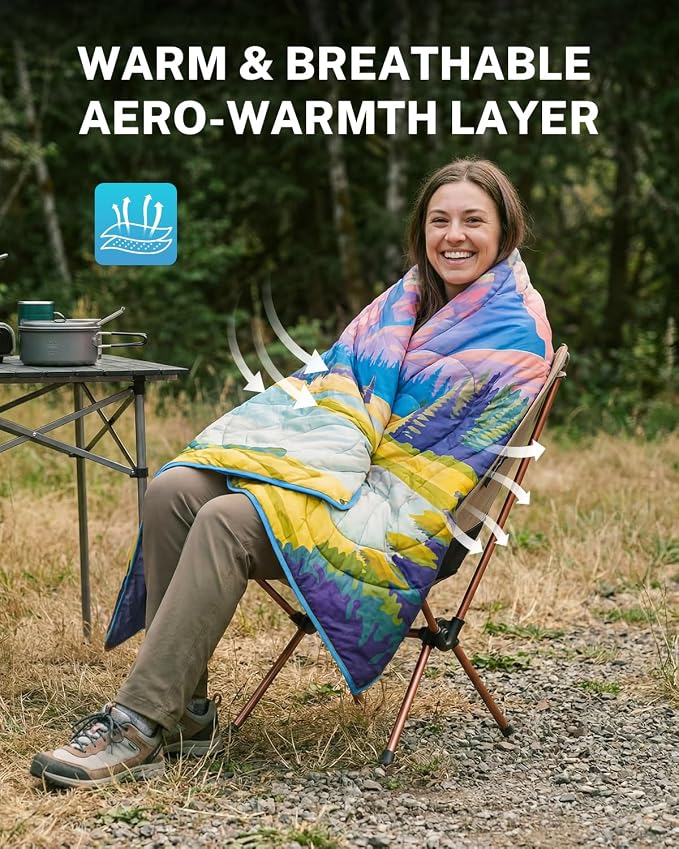 Gonex Camping Blanket with Aero-Warmth Breathable Layer - Puffy Printed Packable Blanket, Ultralight Wearable Water-Resistant Quilt, 79" X 55" for Camping, Beach, Hiking, Travel, Picnics (Landscape) - Image 2