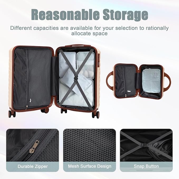 GDFStudio 14/20 Inch 2 Piece Luggage Set with Cosmetic Bag,ABS Hard Shell Spinner Suitcase with Combination Lock,360° Silent Wheels,Retractable Handle, Carry On Travel Luggage with Vanity Case,Beige - Image 5