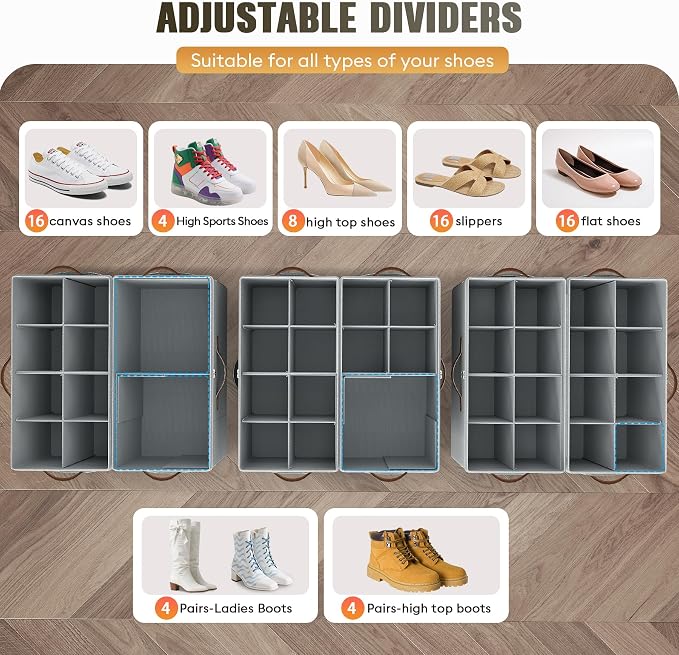 2 Pack Shoe Organizer for Closet, Foldable Shoe Storage with Adjustable | Farbic shoe storage organizer box bin with clear cover, fits up to 16 pairs, shoe storage box for closet, entryway, gray - Image 3