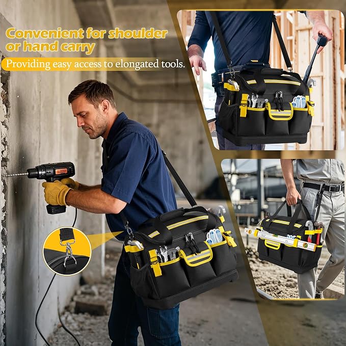 15-Inch Tool Bag with Hard Bottom, Electrician Tool Box Organizer | Detachable Dividers, Multiple Pockets, Reflective Strips, Padded Handle & Shoulder Strap, Ideal for Repairman, Craftsman - Image 6