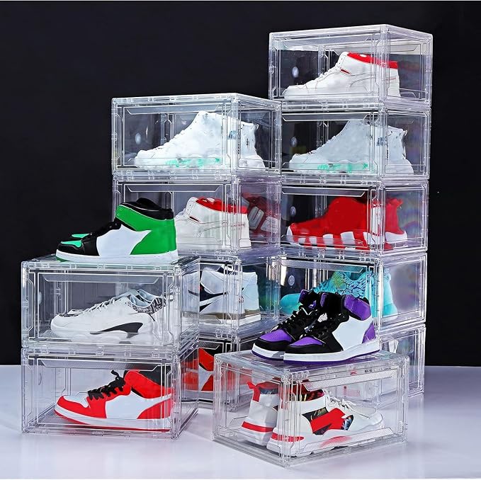 12 Pack Shoe Boxes, Rigid Clear Acrylic Panels Sneaker Display Cases | Magnetic Stackable Drop Front Shoe Storage Container Fits Men’s Size 15 - Image 7