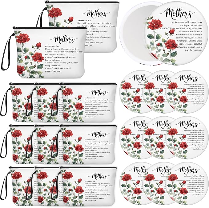 Kacctyen 20 Sets Mother's Day Gifts Bulk for Women Mom Makeup Bag Red Rose Inspirational Compact Mirror Cosmetic Bag with Zipper and Handle Pocket Mirror Toiletry Pouch for Women Mom Birthday Gift by Kacctyen