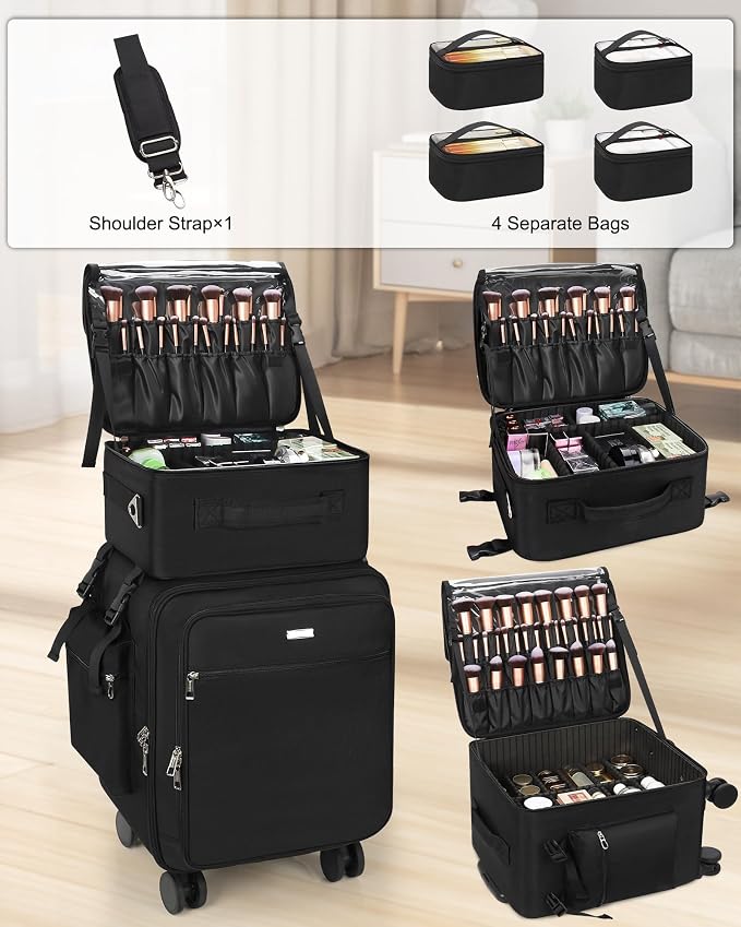 Relavel Rolling Makeup Case Professional Makeup Train Case, Makeup Artist Travel Bag with Wheels, 3-in-1 Portable Travel Beauty Trolley Case for Cosmetology Storage (Black) - Image 8
