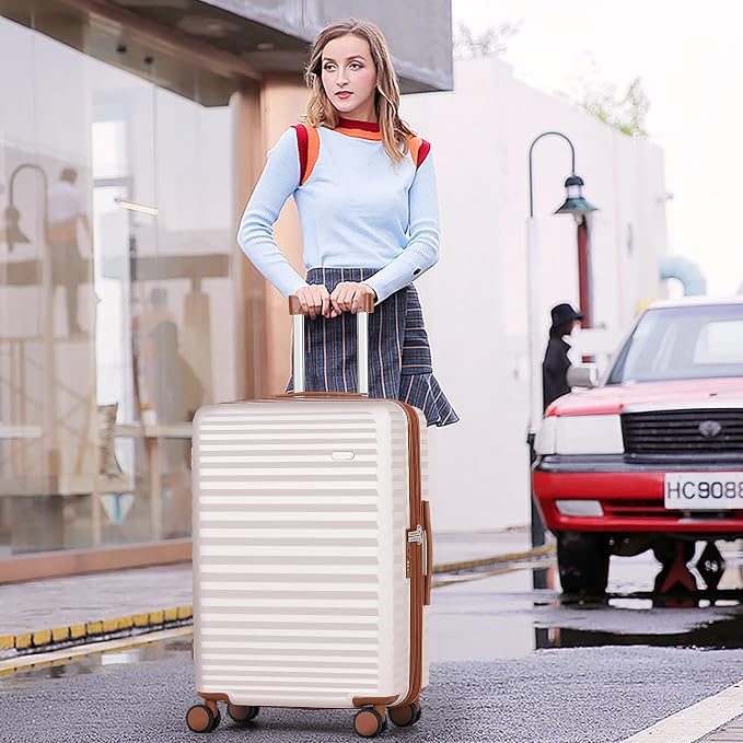 SHOWKOO Suitcase Hardside Expandable Luggage Set, Suitcase with Double Spinner Wheels TSA Lock 3 Piece Set Beige White (DB/TB/28in) - Image 2