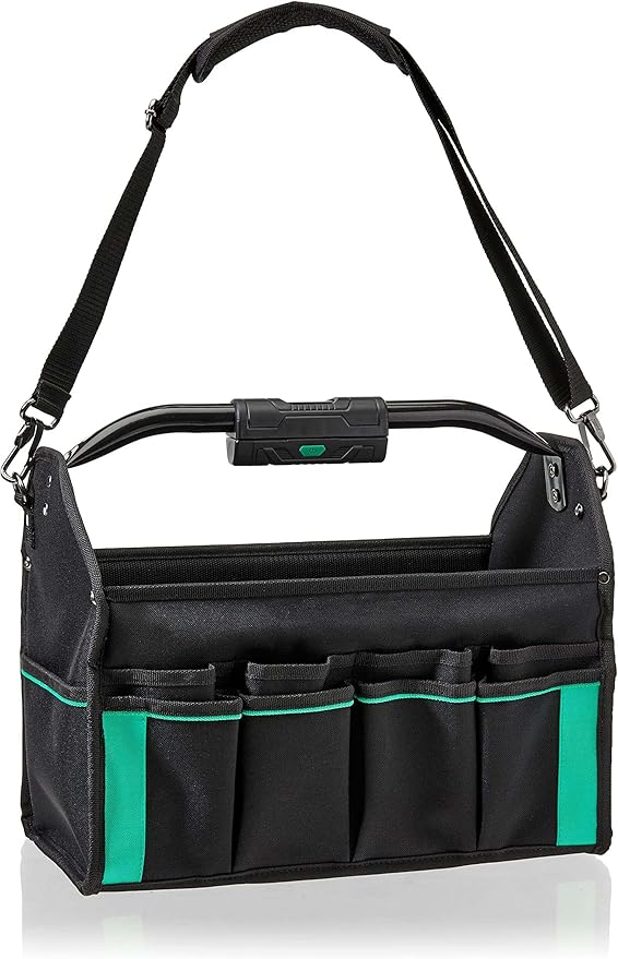 Amazon Basics Tool Bag Organizer with LED Light, 30 Pockets, Adjustable Shoulder Straps, Portable, Black by AmazonBasics
