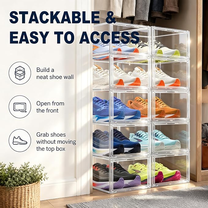 2 Pack Drop Front Shoe Boxes Acrylic Box Sneaker Case Size 12, Transparent Display Cases for Sneaker Collections, Baseball Caps, Hat Organizer Dust-free Shoe Cubbies Stackable Sneaker Boxes - Image 7