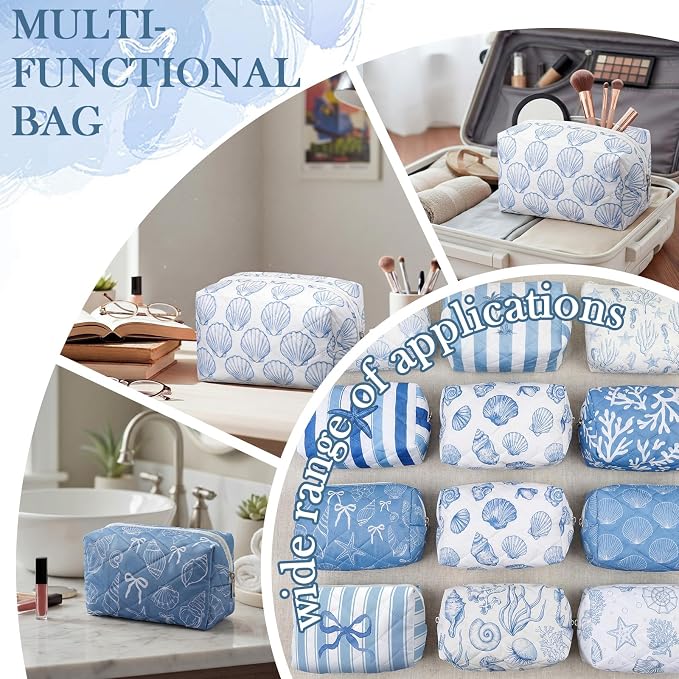 Hillban 12 Pcs Seashell Quilted Cosmetic Bag Bulk for Women Summer Beach Makeup Bag Seashell Themed Zipper Pouch Travel Toiletry Pouch Beach Kit Organizer Pouches Ocean Coastal Party Favor - Image 3