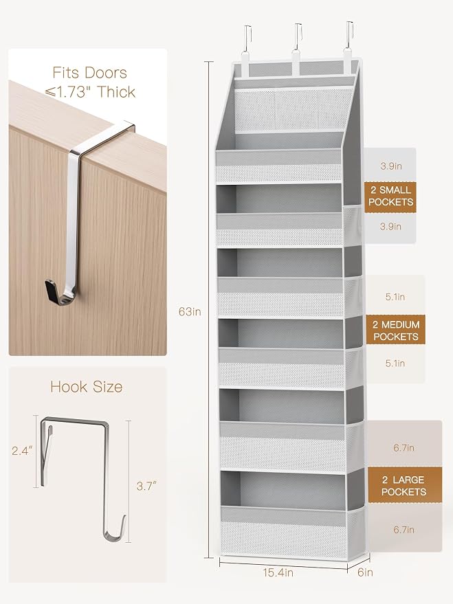 Criusia Over The Door Organizer, Heavy-Duty 6-Shelf Hanging Storage with 13 Mesh Pockets, 55lbs Capacity Behind The Door Storage for Nursery, Bathroom, Bedroom, and Dorm, Grey - Image 6