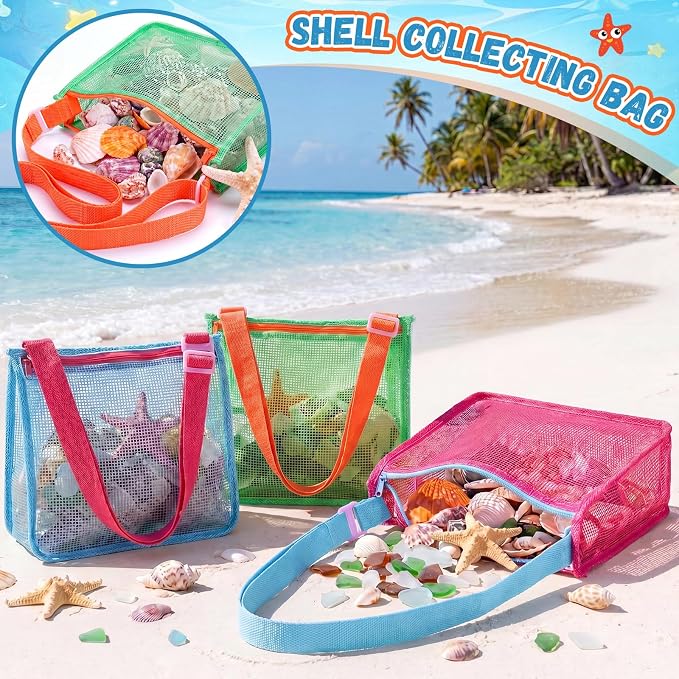 Frienda 3 Pcs Mesh Beach Bag Beach Seashell Bag Shell Collecting Sand Toy Totes Colorful Swimming Accessories Storage Pouch with Adjustable Carrying Straps for Men and Women (Colors H) - Image 3
