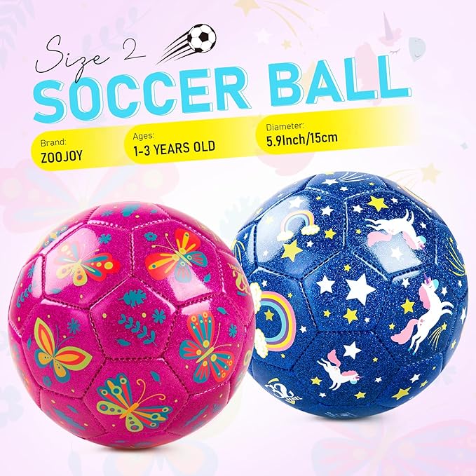 ZOOJOY Soccer Ball Size 2, 2 Pack Cartoon Ball with Pump Mesh Bag, Butterfly & Unicorn Toddler Girls Toys for 1 2 3 4 5 6 Years Old, Christmas Girls Boys Gifts for Indoor Outdoor Play Balls