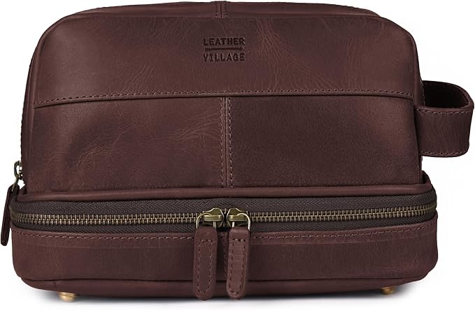 LEATHER VILLAGE Leather Toiletry Travel Bag with Waterproof Lining, Large Capacity Vintage Dopp Kit, 180° Wide Open Shaving & Cosmetic Organizer for Men & Women - Cherry - Image 2