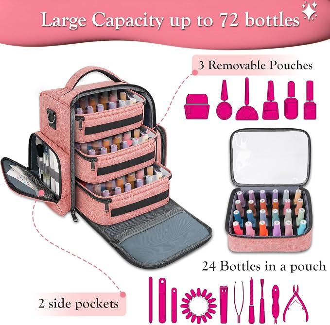 YOREPEK Nail Polish Organizer with 3 Removable Pouches for 72 Bottles, Pink | Large Nail Polish Carrying Case with 4 Zippered Pockets for Manicure Tools, Supplies, Nail Lamp, Gifts for Women - Image 3