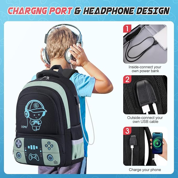 Bevalsa Backpack for School Boys, Cool Luminous Gamer Boys Schoolbag with Lunch Box & Pencil Case Set for Kids Teens Elementary Middle School, Bookbag Glow In The Dark(Green Backpack) - Image 6