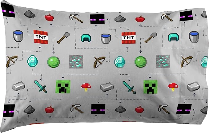 Jay Franco Kids Sheet Set with Fitted, Flat Sheets & Pillow Cover - Ultra-Soft Bedding with Pillowcase for Room Decor, Gray - Minecraft, 4 Piece Full - Image 2