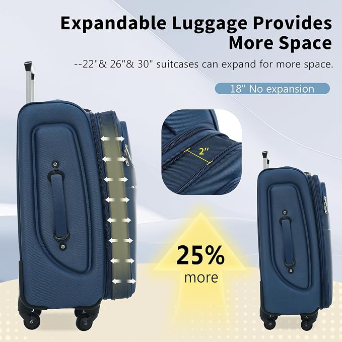 Merax Softside Luggage Set 4 Piece,18/22/26/30 Expand Suitcase,Deep Blue | Lightweight Travel Suitcase with Wheels, Luggage with TSA Lock, Suitcase,Carry On Checked Luggage Set - Image 4