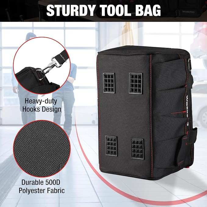 WORKPRO 14-inch Tool Bag, Multi-pocket Tool Organizer with Adjustable Shoulder Strap, W081021A, black (Pack of 10) - Image 4