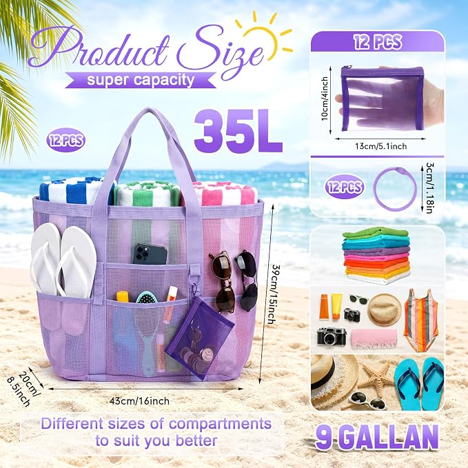 Hillban Large Mesh Beach Bag Bulk for Women Waterproof Sandproof Pool Tote Bag with 8 Pocket Small Zipper Pouch with Ring - Image 2