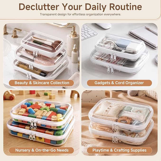4 Pack Clear Hard Shell Zipper Case Diaper Organizer | 1.0mm Hard Shell, Upgraded Large Zipper Pulls, Clear Travel Pouches, Smooth Zipper Closure, Holds Shape - Image 3