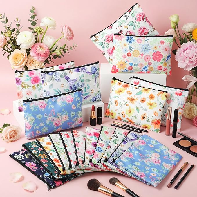 Hillban Vintage Floral Cosmetic Bags for Women Inspirational Cute Canvas Makeup Bags Bulk Motivational Travel Cosmetic Pouch Beautiful Gifts for Teacher, 12 Styles - Image 2
