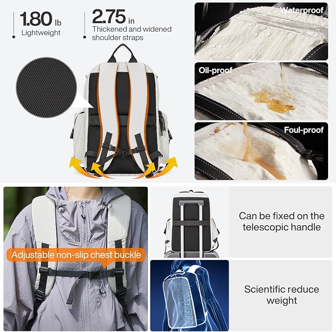 mixi Travel Backpack for Women Men, 18 Inch Carry On Laptop Backpack Flight Approved fits 16'' Laptop, Lightweight Waterproof Hiking Backpack Travel Outdoor Business Casual Daypack, Light Gray - Image 4