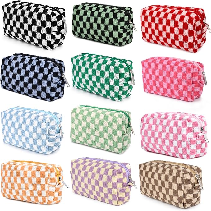SOIDRAM 12PCS Checkered Makeup Bag Preppy Cosmetic Bag Bulk colorful Makeup Pouch Personalize Travel Toiletry Bag Organizer Cute DIY Makeup Brushes Storage Bag for Women by SOIDRAM