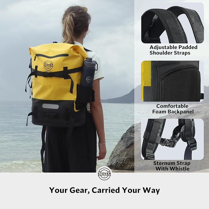 STOVER 30/40/55L Waterproof Dry Backpack & Phone Case- X-Large Floating Dry Bag for Kayaking, Travel, Hiking, Fishing, Camping, Motorcycles & Beach, Heavy-Duty Roll Top Men/Women (Yellow) - Image 5