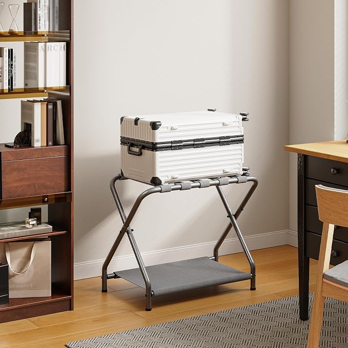 HOOBRO Luggage Rack, Pack of 2, Folding Suitcase Stand with Fabric Storage Shelf for Guest Room, Bedroom, Hotel, Holds up to 100 lb, 27 x 15.3 x 22 Inches, Space Saving, Gray GY04XLP201 - Image 4
