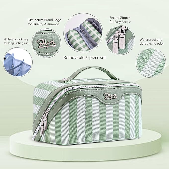 BOYATU Travel Makeup Bag Cosmetic Bag for Women: 3 Pcs Set Striped Make up Bag with Compartments - Waterproof Vegan Leather Toiletry Bag with Handle - Makeup Organizer for Travel Essentials(A-2-Green) - Image 3
