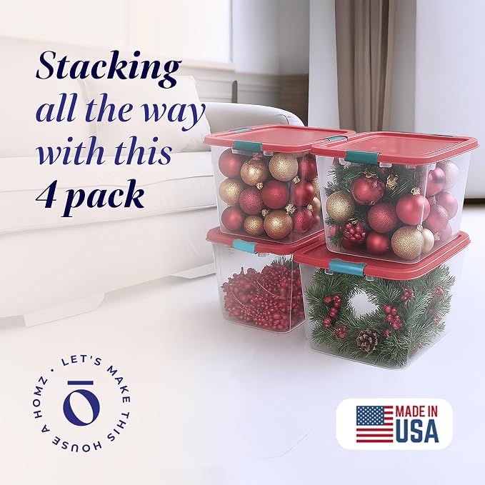HOMZ 4-Pack Holiday Tote, Plastic Storage Organizer Bins with Lids, 31 Quart, Clear/Red - Stackable Organizing Containers for Home, Garage, and Office - Image 2