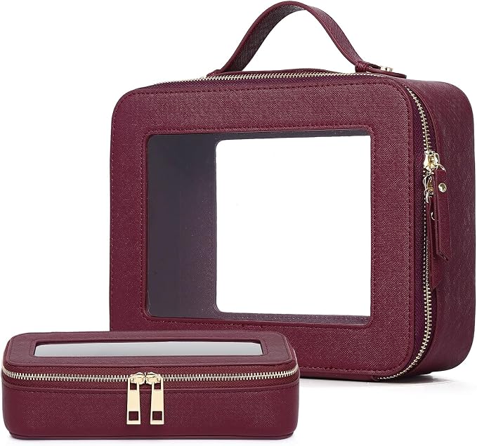 Pinkmik Clear Makeup Bag with Brush Bag 2pcs Waterproof Travel Case for Cosmetics and Toiletries Women's Cosmetic Organizer with Zipper (X/Burgundy, L+SLIM) by Pinkmik