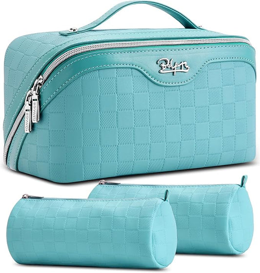 BOYATU Checkered Travel Makeup Bags: Vacation-Ready Light Blue Large Capacity Cosmetic Bag for Women - 3 Pcs Set Toiletry Organizer with Waterproof Leather - Easy to Clean Beach Trip Essential by BOYATU