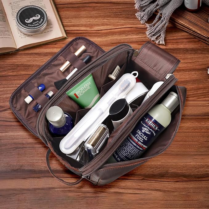 Polare Full Grain Leather Travel Toiletry Bag Dopp Kit Large Cosmetic Travel Case Shaving Kit Wash with YKK Zippers - Image 2
