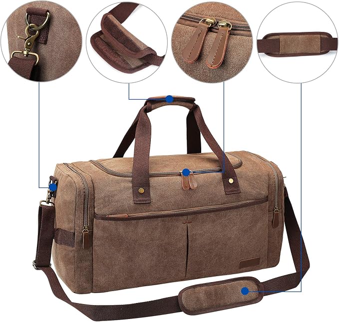 S-ZONE Canvas Travel Duffel Bag Weekend Overnight Bag for Men and Women | Water-resistant, X-Large Size, Multi-Pockets, Removable Shoulder Strap, for Gym or Travel, Coffee - Image 5