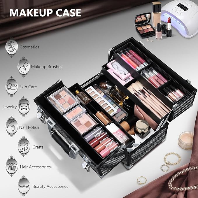 Stagiant 12.6 Inch Large Makeup Train Case, Professional 4 Trays Cosmetic Cases Makeup Storage Organizer Box Beauty Make Up Box with Lock&Adjustable Compartments for Nail, Accessories, Skincare, Black - Image 2