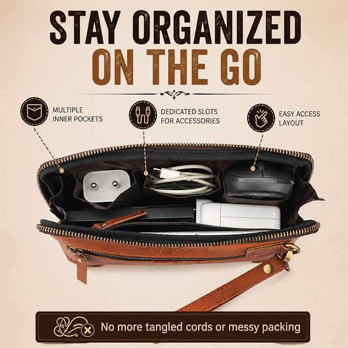 Genuine Leather Makeup Bag Travel Organizer, Premium Handcrafted Cosmetic Pouch with Zipper & Wrist Strap, Durable Toiletry Storage for Women & Men, 5 x 9- Tan - Image 7