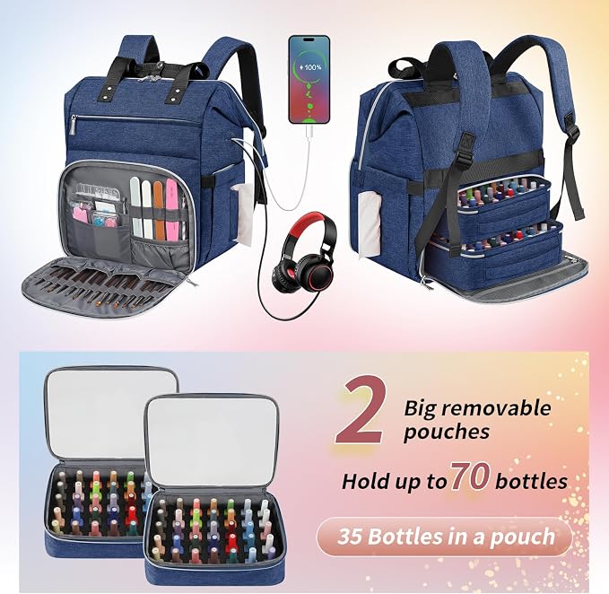 LTINVECK Nail Polish Organizer Case Backpack Holds 70 Bottles (15ml/0.5fl.oz)& Nail Lamp, 2 Layers Detachable Nail Kit Storage Case, Large Travel Nail Supplies Shoulder Bag for Manicure Tools (Blue) - Image 3