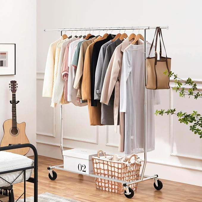 Yaheetech Rolling Clothes Rack, Clothing Racks for Hanging Clothes Portable Clothes Rack, Heavy Duty Clothes Rack with Extendable Hanging Rod,Chromed, Silver - Image 2