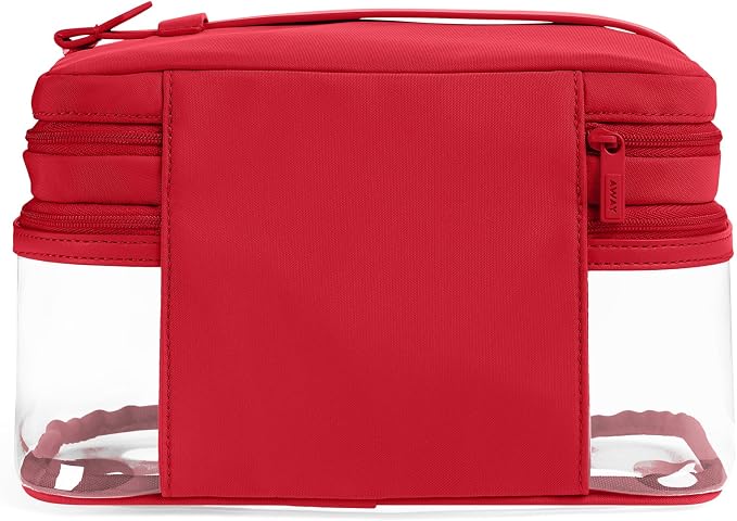 Away Clear Cosmetic Case - Water-Repellent Transparent Cosmetic Bag with 2 Compartments, Brush Holder, Interior Zip Pocket - Cherry Red - Image 2