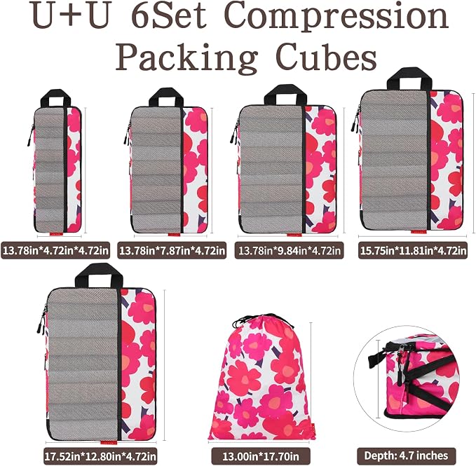 U+U 6 Set Compression Packing Cubes - Ultralight Travel Organizers with Laundry Bag, Space-Saving Suitcase Organizer, Expandable Packing Cubes for Travel, Business Trip and Vacation (Red Flower) - Image 3