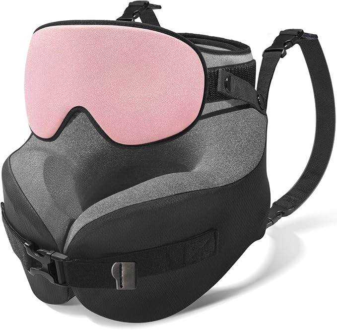 YFONG Travel Pillow for Long Flight Airplanes, Head Strap Combo with 3D Contoured Eye Mask for Sleep, Neck Pillow for Car Trip Essential, 360° Support Memory Foam Headrest, Prevent Head Bobbing, Pink by YFONG