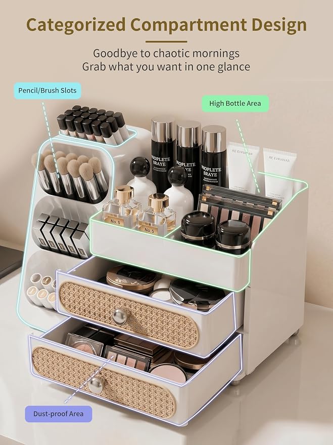 Booklov Large Makeup Organizer for Vanity and Bathroom Countertop, White | Plastic Cosmetic Display Case with Drawers, Beauty Brush Holder for Dresser Counter Skin Care Eyeshadow Lipstick Storage - Image 3