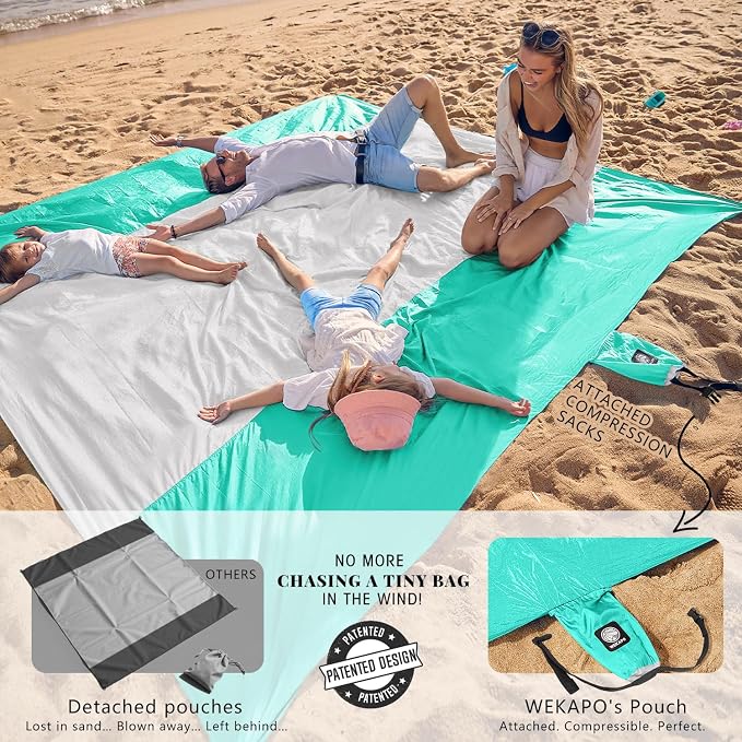 WEKAPO Beach Blanket Sandproof Waterproof, Extra Large Beach Mat, Oversized & Compact Sand Free, Quick Drying Beach Essentials for Vacation, Cruise, Picnic & Camping with Stakes - Image 3