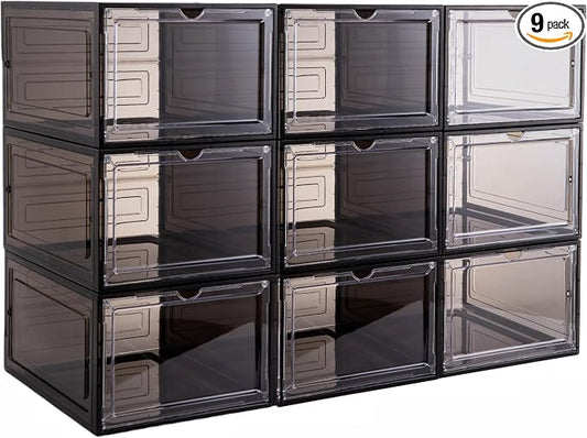 Attelite X-Large Clear Plastic Shoe Boxes - Stackable Shoe Organizer with Magnetic Door, Drop Front Display Box (9 Pack, Clear Black) by Attelite
